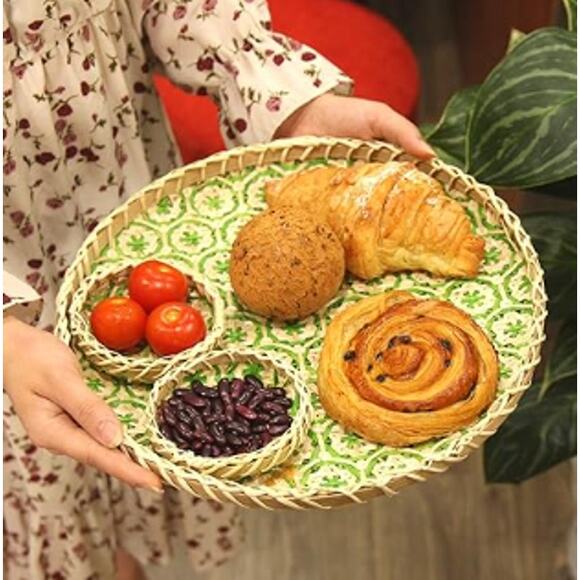 Hanging Woven Boho Bamboo Wicker Serving Tray, Wall Basket- Green - Picture 5 of 5